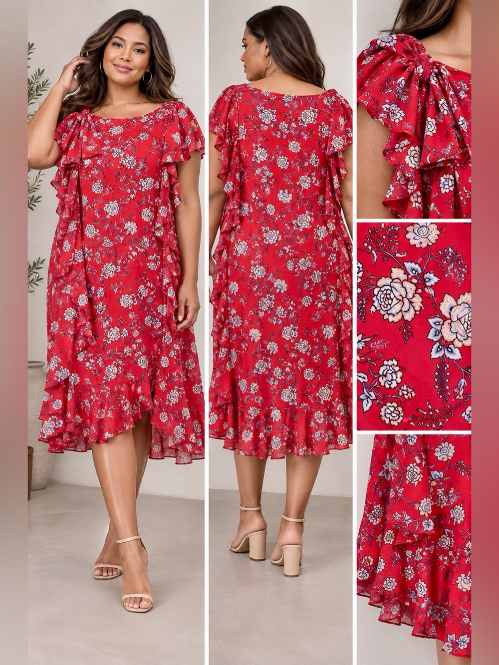 Max Studio Red Floral High-Low Ruffle Midi Dress - Picture 11 of 11